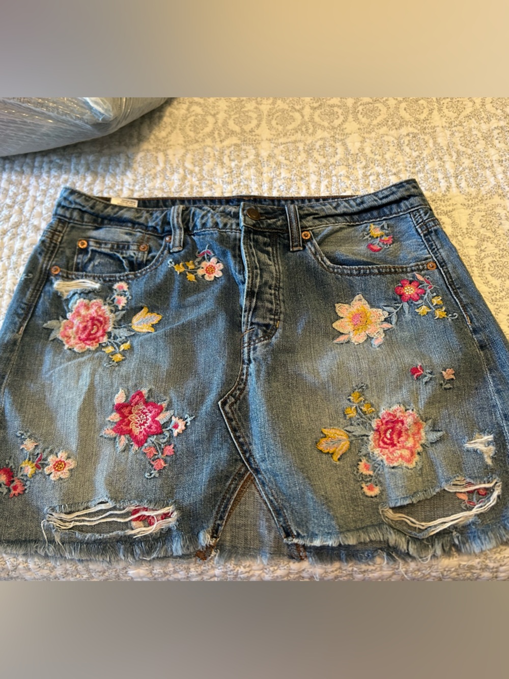 American Eagle Outfitters Denim Skirt with Pink and Yellow Floral Embroidery